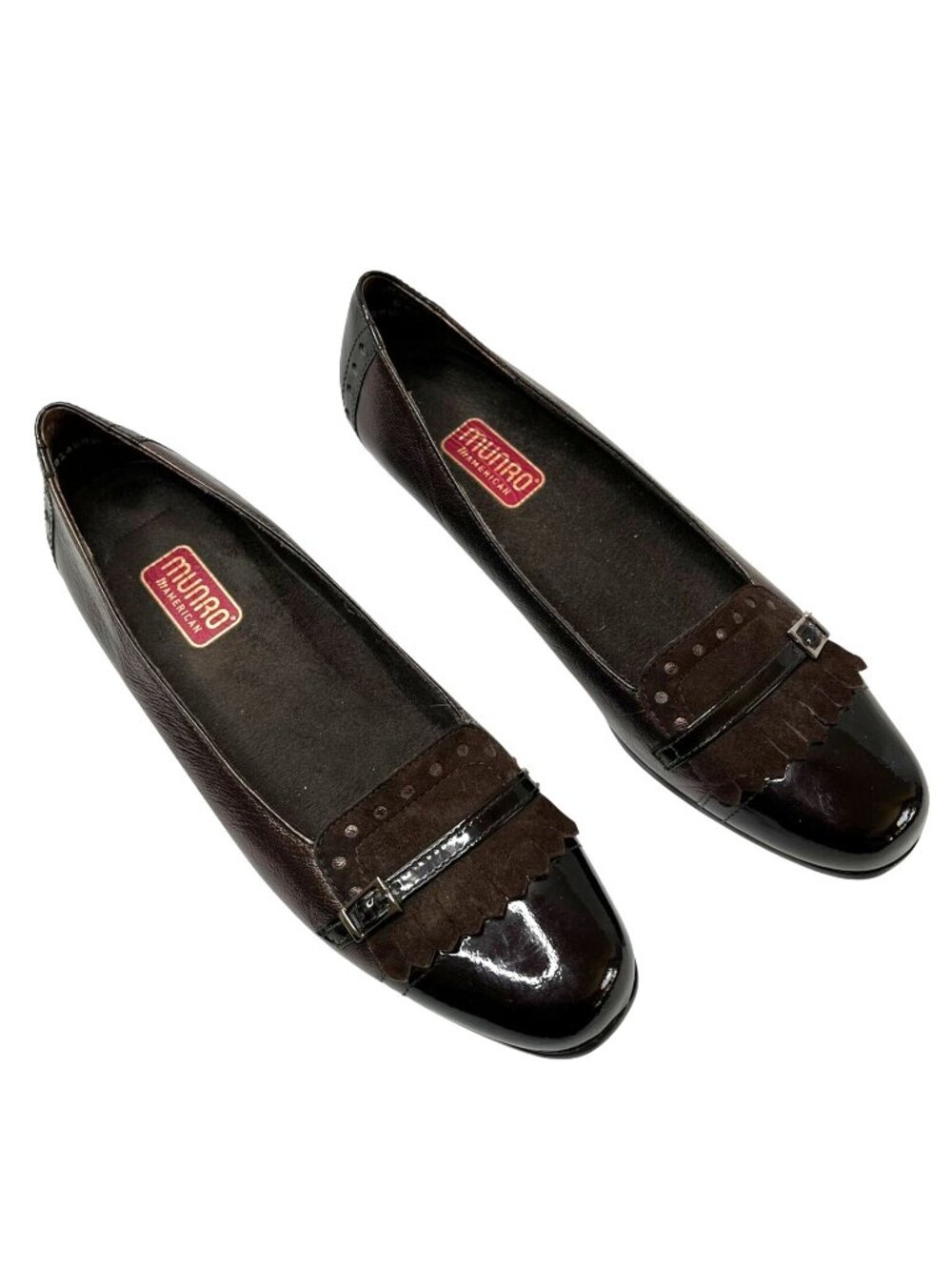 Munro American Womens 8 N Brown Patent Leather And Suede Fringe Buckle Loafer